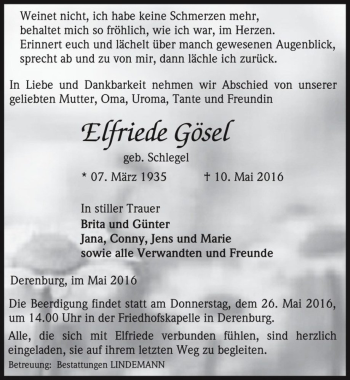 Traueranzeige von Elfriede Gösel (geb. Schlegel)  von Magdeburger Volksstimme