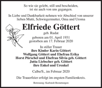 Traueranzeige von Elfriede Göttert (geb. Rudat)  von Magdeburger Volksstimme