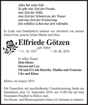 Traueranzeige von Elfriede Götzen (geb. Seher)  von Magdeburger Volksstimme