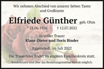 Traueranzeige von Elfriede Günther (geb. Ohm)  von Magdeburger Volksstimme