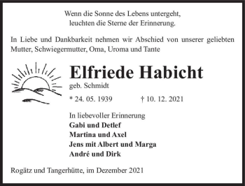 Traueranzeige von Elfriede Habicht (geb. Schmidt)  von Magdeburger Volksstimme