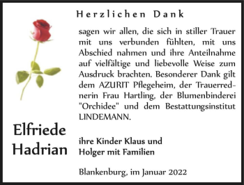 Traueranzeige von Elfriede Hadrian  von Magdeburger Volksstimme
