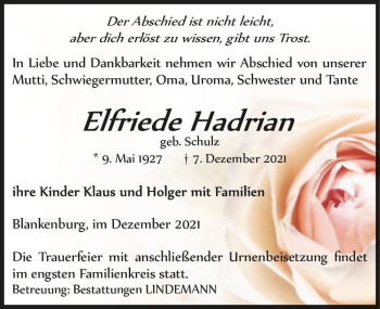 Traueranzeige von Elfriede Hadrian (geb. Schulz)  von Magdeburger Volksstimme