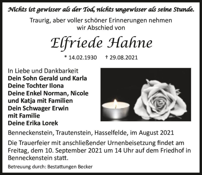  Traueranzeige für Elfriede Hahne  vom 04.09.2021 aus Magdeburger Volksstimme