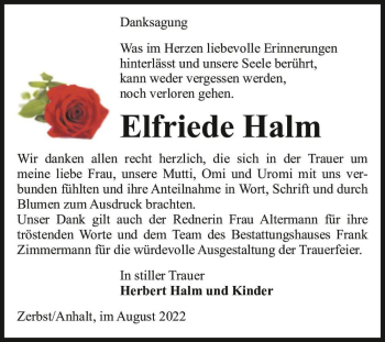 Traueranzeige von Elfriede Halm  von Magdeburger Volksstimme