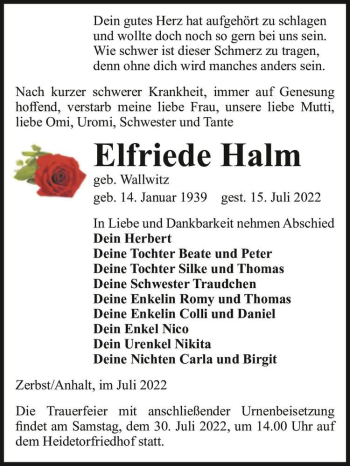 Traueranzeige von Elfriede Halm (geb. Wallwitz)  von Magdeburger Volksstimme