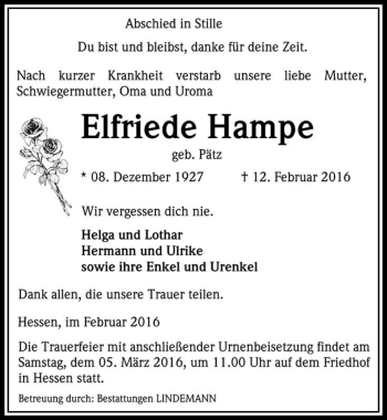 Traueranzeige von Elfriede Hampe (geb. Pätz)  von Magdeburger Volksstimme