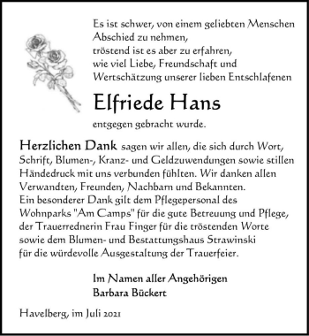 Traueranzeige von Elfriede Hans  von Magdeburger Volksstimme