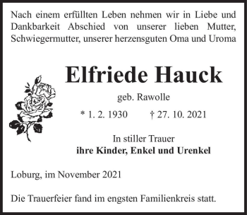 Traueranzeige von Elfriede Hauck (geb. Rawolle)  von Magdeburger Volksstimme