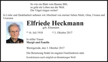 Traueranzeige von Elfriede Heckmann (geb. Kleemann)  von Magdeburger Volksstimme