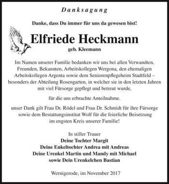 Traueranzeige von Elfriede Heckmann (geb. Kleemann)  von Magdeburger Volksstimme