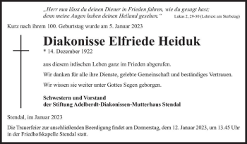 Traueranzeige von Elfriede Heiduk  von Magdeburger Volksstimme