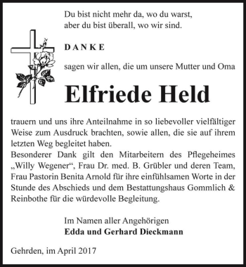Traueranzeige von Elfriede Held  von Magdeburger Volksstimme