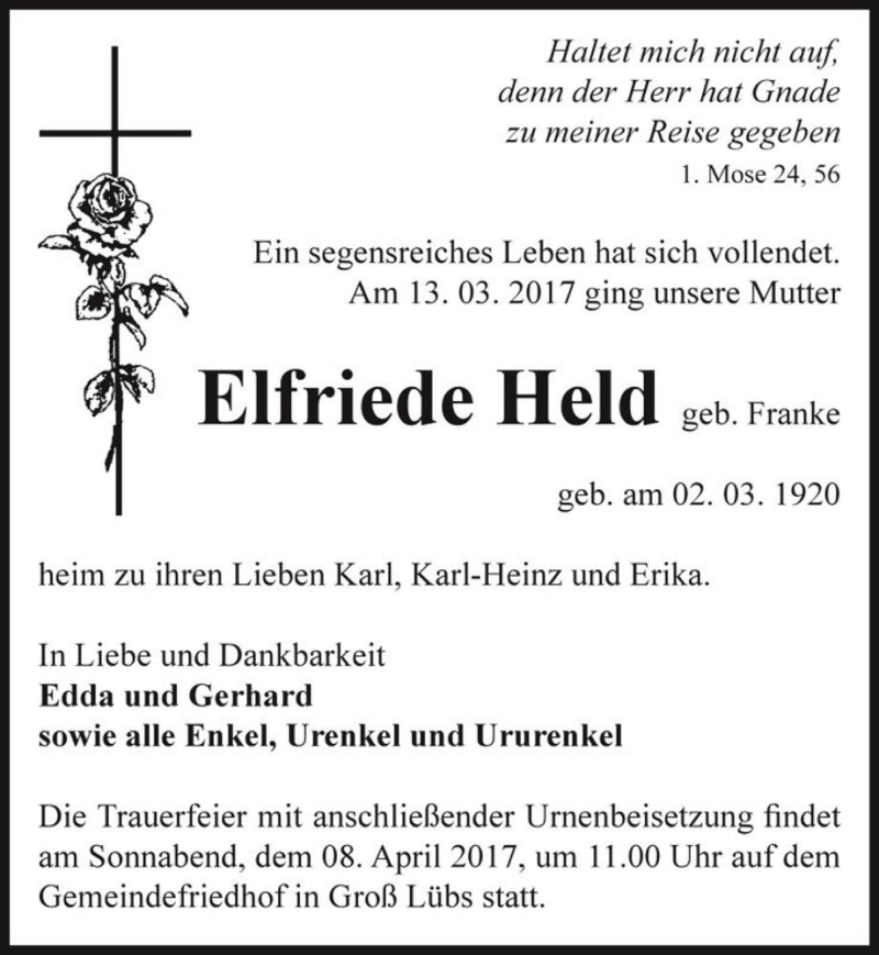  Traueranzeige für Elfriede Held (geb. Franke)  vom 25.03.2017 aus Magdeburger Volksstimme