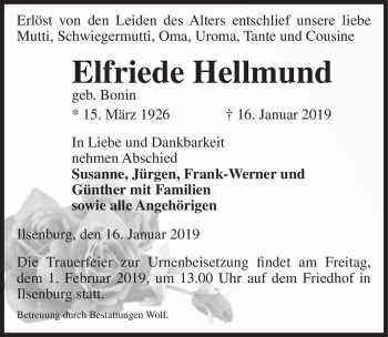 Traueranzeige von Elfriede Hellmund (geb. Bonin)  von Magdeburger Volksstimme