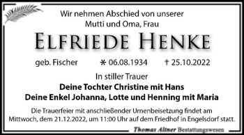 Traueranzeige von Elfriede Henke (geb. Fischer)  von Magdeburger Volksstimme