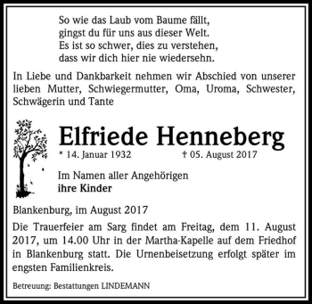 Traueranzeige von Elfriede Henneberg  von Magdeburger Volksstimme