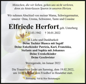 Traueranzeige von Elfriede Herfort (geb. Unterberg)  von Magdeburger Volksstimme