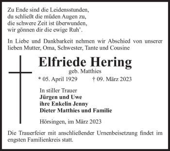 Traueranzeige von Elfriede Hering (geb. Matthies)  von Magdeburger Volksstimme