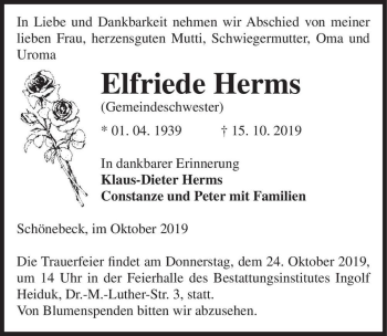 Traueranzeige von Elfriede Herms  von Magdeburger Volksstimme