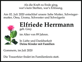Traueranzeige von Elfriede Herrmann (geb. Grey)  von Magdeburger Volksstimme