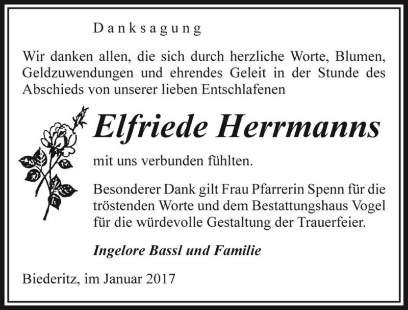  Traueranzeige für Elfriede Herrmanns  vom 28.01.2017 aus Magdeburger Volksstimme