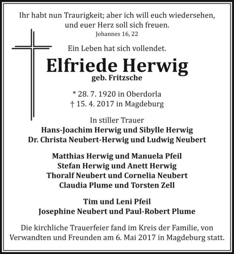 Traueranzeige für Elfriede Herwig (geb. Fritzsche)  vom 13.05.2017 aus Magdeburger Volksstimme