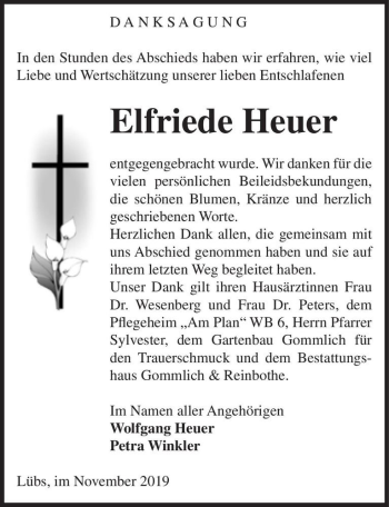 Traueranzeige von Elfriede Heuer  von Magdeburger Volksstimme