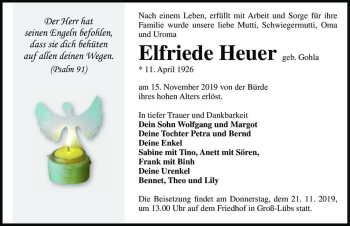 Traueranzeige von Elfriede Heuer (geb. Gohla)  von Magdeburger Volksstimme