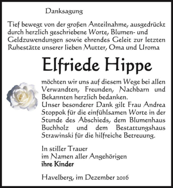 Traueranzeige von Elfriede Hippe  von Magdeburger Volksstimme
