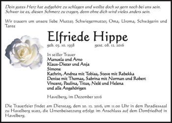 Traueranzeige von Elfriede Hippe  von Magdeburger Volksstimme