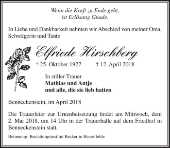 Traueranzeige von Elfriede Hirschberg  von Magdeburger Volksstimme