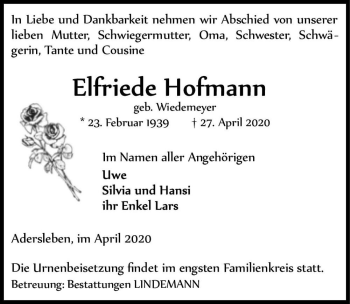 Traueranzeige von Elfriede Hofmann (geb. Wiedemeyer)  von Magdeburger Volksstimme