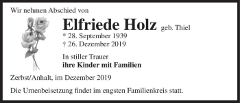 Traueranzeige von Elfriede Holz (geb. Thiel)  von Magdeburger Volksstimme