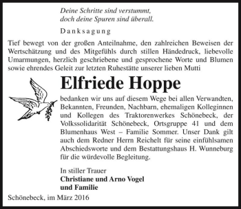 Traueranzeige von Elfriede Hoppe  von Magdeburger Volksstimme