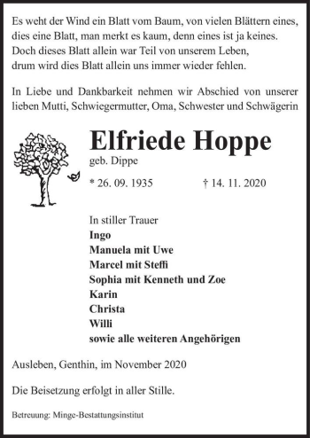 Traueranzeige von Elfriede Hoppe (geb. Dippe)  von Magdeburger Volksstimme