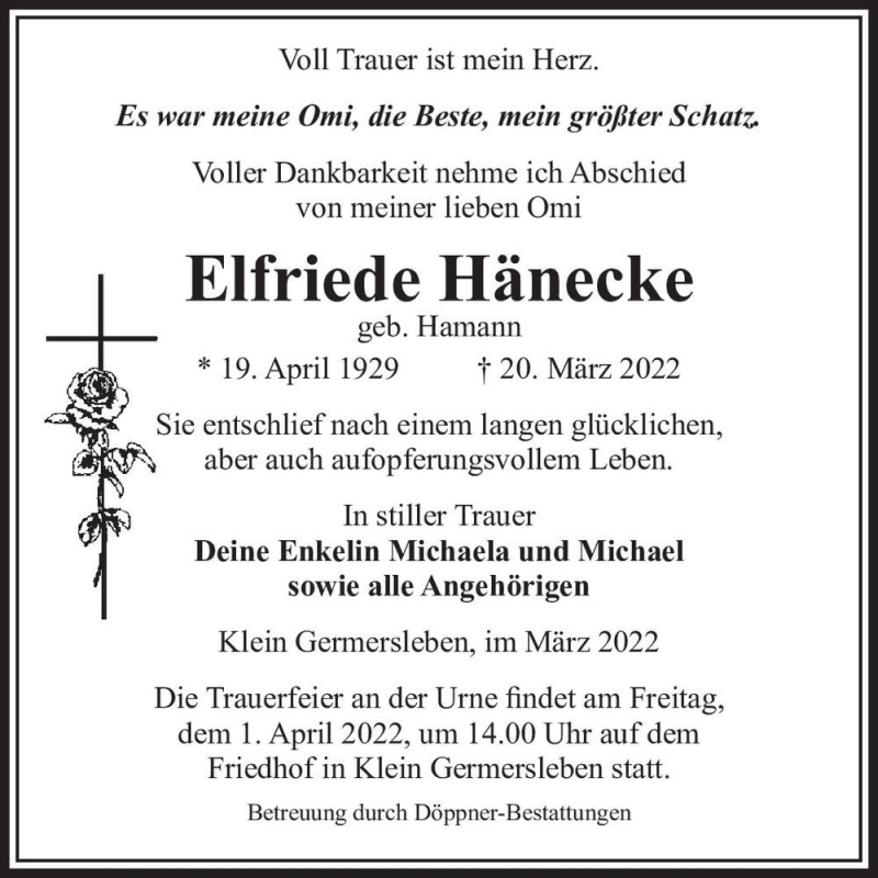  Traueranzeige für Elfriede Hänecke (geb. Hamann)  vom 26.03.2022 aus Magdeburger Volksstimme