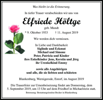Traueranzeige von Elfriede Höltge (geb. Mundt)  von Magdeburger Volksstimme