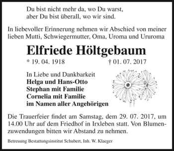Traueranzeige von Elfriede Höltgebaum  von Magdeburger Volksstimme