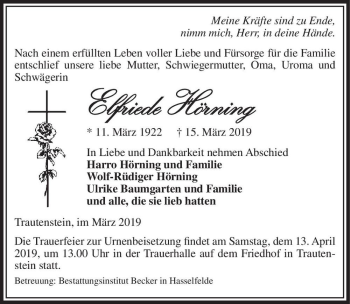Traueranzeige von Elfriede Hörning  von Magdeburger Volksstimme