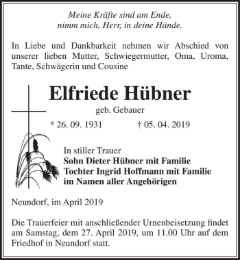 Traueranzeige von Elfriede Hübner (geb. Gebauer)  von Magdeburger Volksstimme