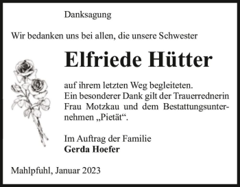 Traueranzeige von Elfriede Hütter  von Magdeburger Volksstimme