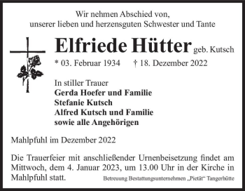 Traueranzeige von Elfriede Hütter (geb. Kutsch)  von Magdeburger Volksstimme