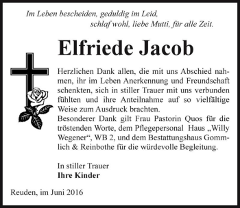 Traueranzeige von Elfriede Jacob  von Magdeburger Volksstimme