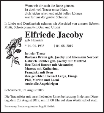 Traueranzeige von Elfriede Jacoby  von Magdeburger Volksstimme