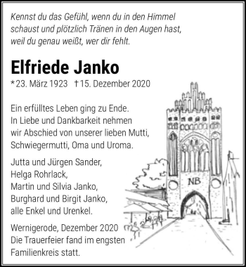Traueranzeige von Elfriede Janko  von Magdeburger Volksstimme