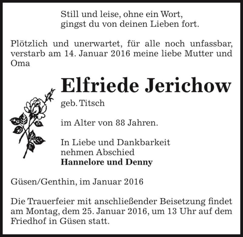  Traueranzeige für Elfriede Jerichow (geb. Titsch)  vom 20.01.2016 aus Magdeburger Volksstimme