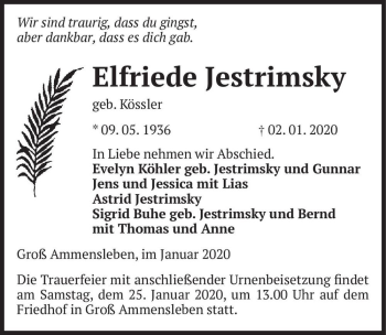 Traueranzeige von Elfriede Jestrimsky (geb. Kössler)  von Magdeburger Volksstimme