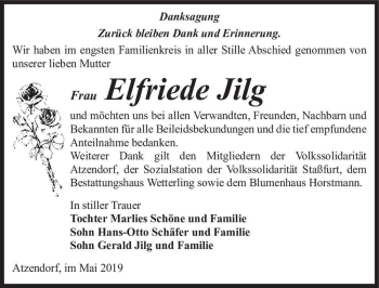 Traueranzeige von Elfriede Jilg  von Magdeburger Volksstimme