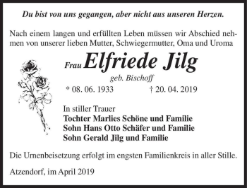 Traueranzeige von Elfriede Jilg (geb. Bischoff)  von Magdeburger Volksstimme
